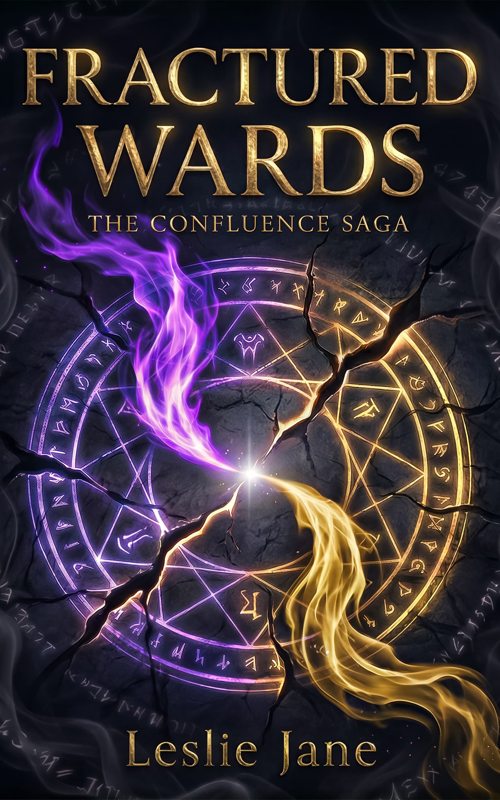 Fractured Wards cover — a cracked runic ward circle with purple witch-fire and golden wizard energy intertwined at its fracture point